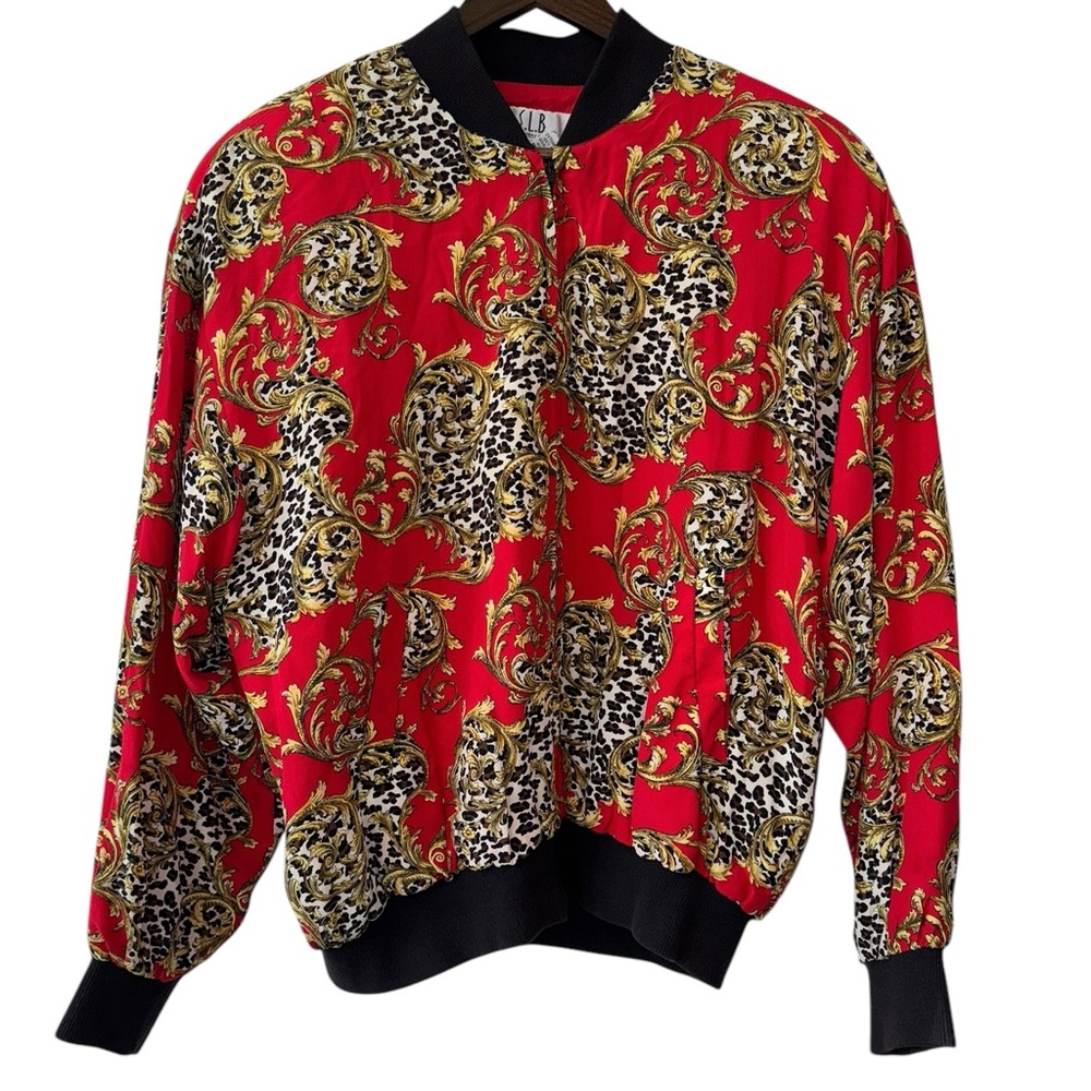 Vintage S.L.B. Red Gold Leaf Leopard Print Silk Jacket Maximalist Eclectic Sz L